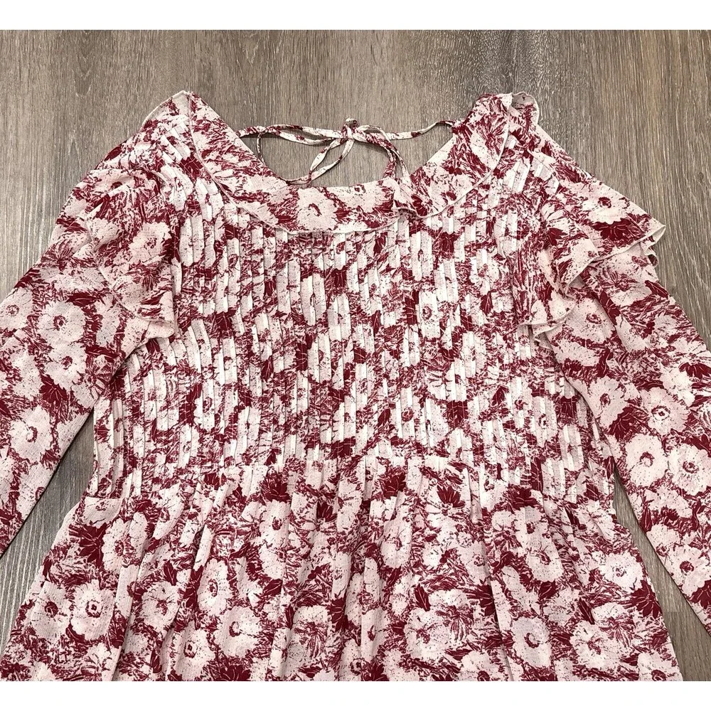 Free People Floral Mini Dress Small Red White Pleated Ruffle Hem Boho Festival